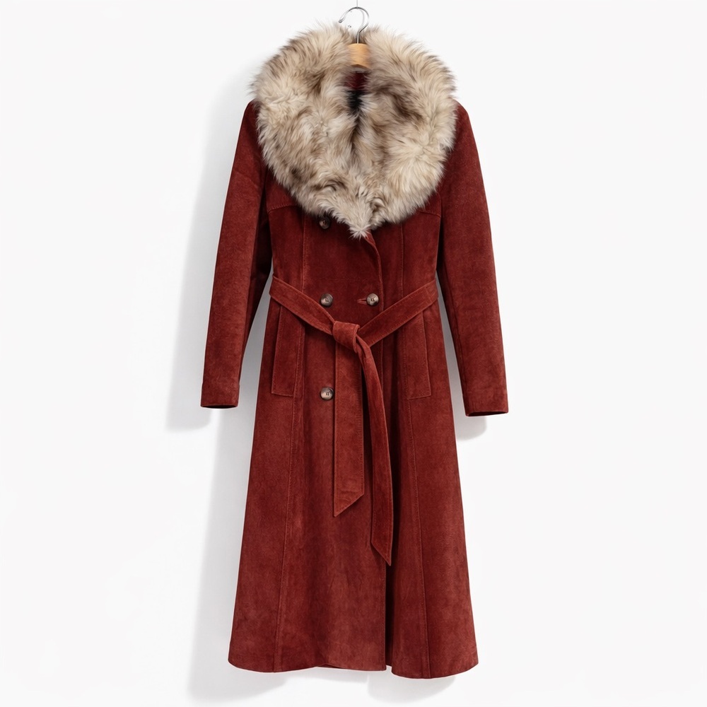 SIMPSONS Penny Lane Genuine Suede Leather Coat Real Fur Collar Belted Long Coat